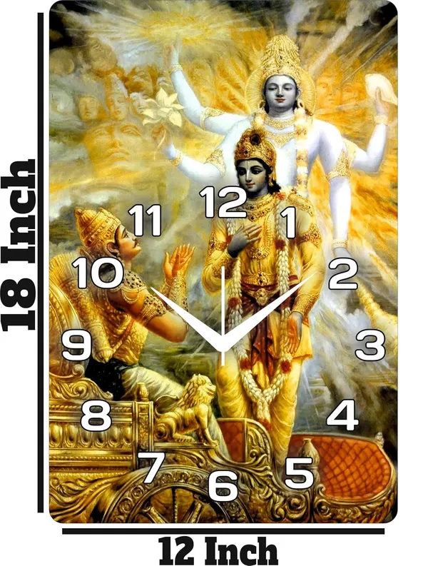 Multicolour_Bhagavad_Gita_Mdf_Wooden_Wall_Clock_|_12_X_18_Inch_Krishna_&_Arjuna_Religious_Decorative_Clock_For_Home,_Temple,_Office_&_Gifting