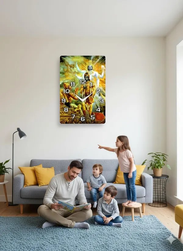 Multicolour_Bhagavad_Gita_Mdf_Wooden_Wall_Clock_|_12_X_18_Inch_Krishna_&_Arjuna_Religious_Decorative_Clock_For_Home,_Temple,_Office_&_Gifting
