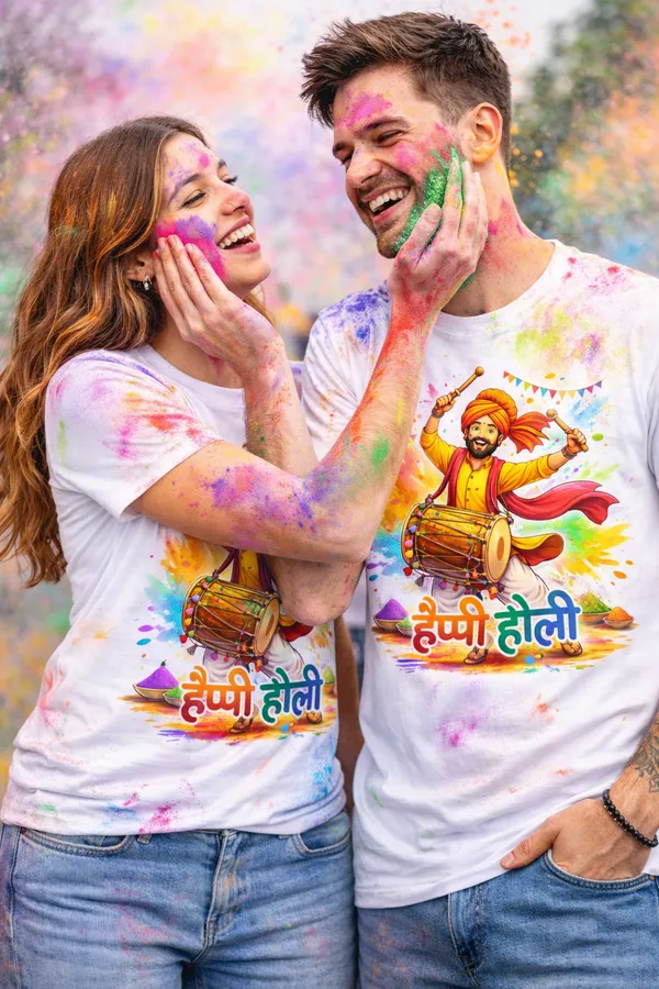 Happy_Holi_Unisex_T-Shirt_for_Men_&_Women_|_Colorful_Dhol_Design