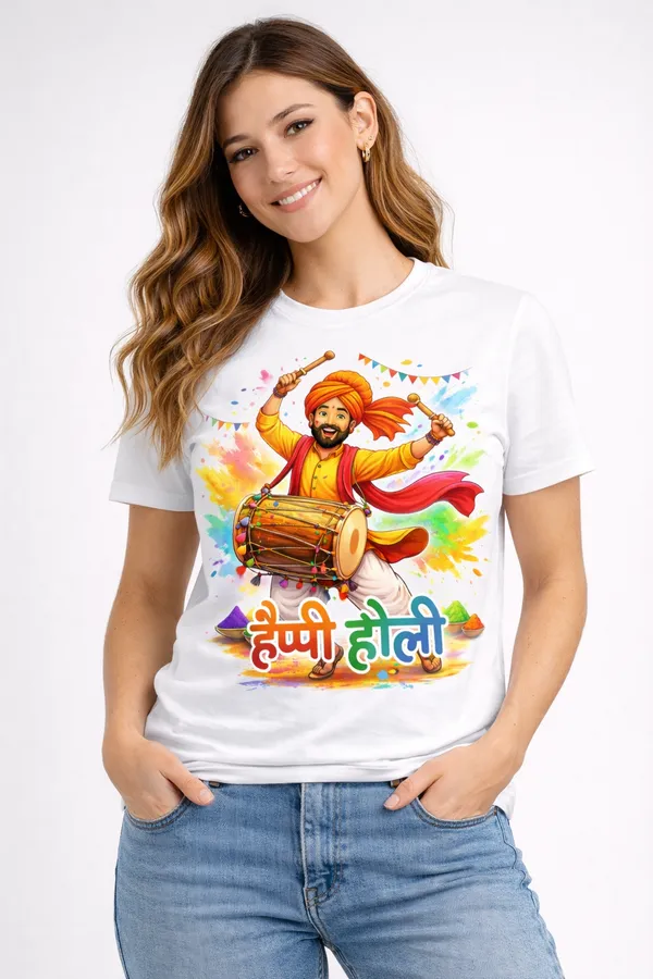 Happy_Holi_Unisex_T-Shirt_for_Men_&_Women_|_Colorful_Dhol_Design