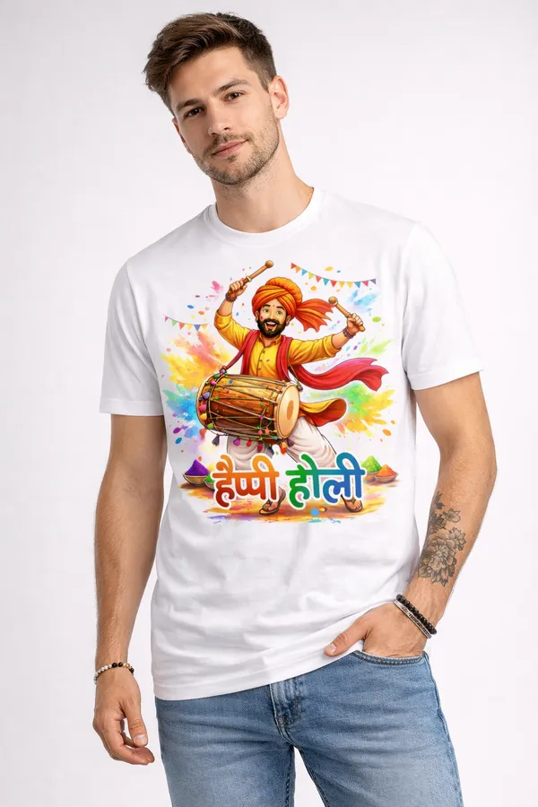 Happy_Holi_Unisex_T-Shirt_for_Men_&_Women_|_Colorful_Dhol_Design