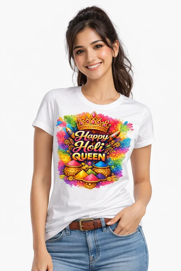 Happy_Holi_Queen_Women’s_White_T-Shirt_–_Holi_Festival_Special_Graphic_Tee_UNISEX