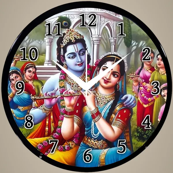 Multicolour_Round_Wall_Clock_28_X_28_X_6_Cm,_Abs_Plastic_Frame_With_Glass_Front_Modern_Decorative_Clock_For_Home,_Office,_Living_Room_(Radha_Krishna)