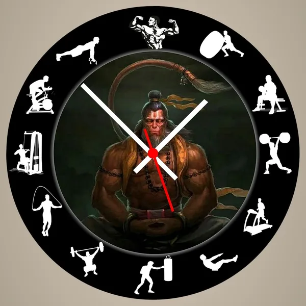 Multicolour_Hanuman_Ji_Gym_Theme_Round_Wall_Clock_28_Cm_|Wooden_Designer_Wall_Clock_For_Home,Living_Room,Hall,Cafe,Gym_|_Spiritual_&_Fitness_Motivational_Wall_Decor_Wood_Clock_Without_Glass
