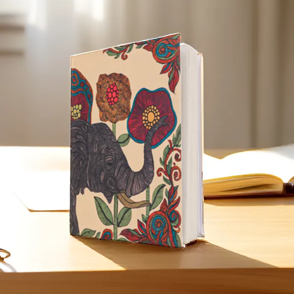 INDHA_Handmade_Recycled_Paper_Diary_|_Elephant_&_Floral_Illustration_on_Canvas_|_Eco-Friendly_Unruled_Notebook_|_5_x_7.5_Inches_|_50_Sheets_|_Folk_Art_Writing_&_Sketching_Journal