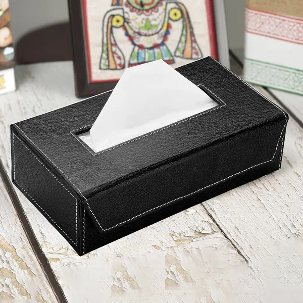 Indha_Handcrafted_Vegan_Leather_Tissue_Box_Holder_|_Refillable_Napkin_Case_with_Magnetic_Lock,_Includes_100_Tissue_Papers_|_Black_Rectangle_Design_for_Home_&_Office_Decor