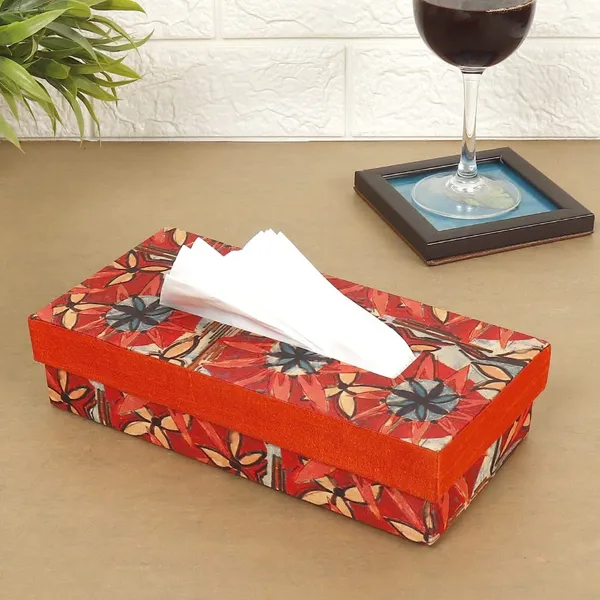 Indha_Handcrafted_Tissue_Paper_Holder_Box_for_Home,_Car_&_Office_|_Floral_Print_Napkin_Dispenser_|_Dupion_Silk_Organizer_with_100_Tissues_|_9_x_4.6_x_2.1_inch_|_Orange_Gift_Box
