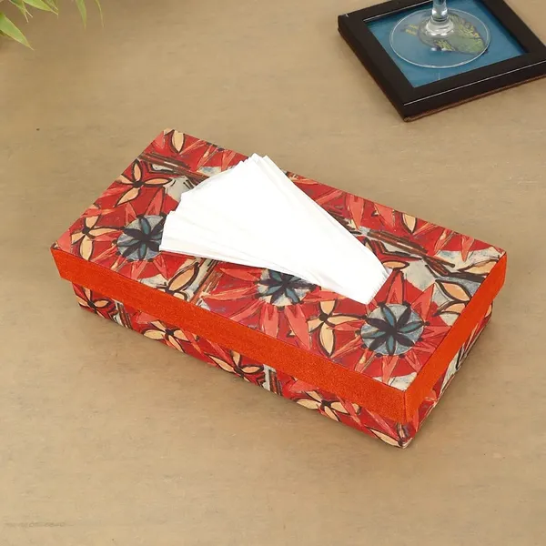 Indha_Handcrafted_Tissue_Paper_Holder_Box_for_Home,_Car_&_Office_|_Floral_Print_Napkin_Dispenser_|_Dupion_Silk_Organizer_with_100_Tissues_|_9_x_4.6_x_2.1_inch_|_Orange_Gift_Box