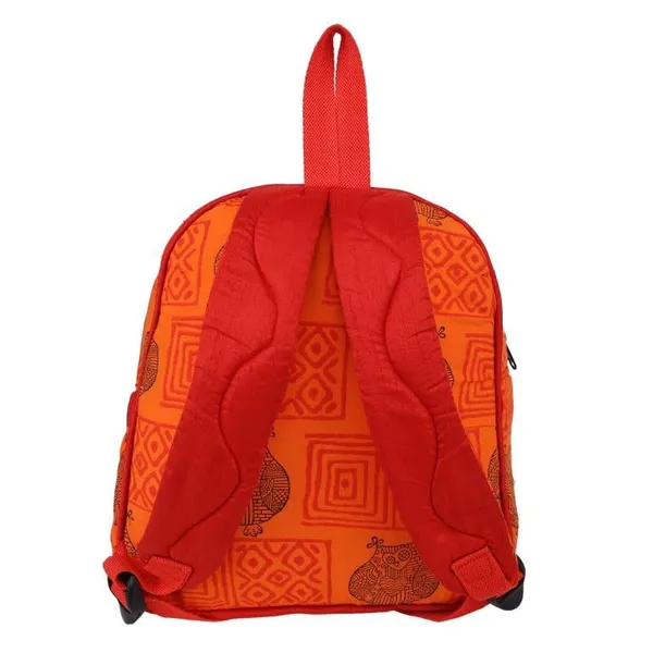 INDHA_Kids_Backpack_Bag_|_Handcrafted_Backpack_Bag_|_Orange_Cotton_Kids_Backpack_Bag_|_Hand_Block_Printed_Owl_And_Geometric_Design_Motif