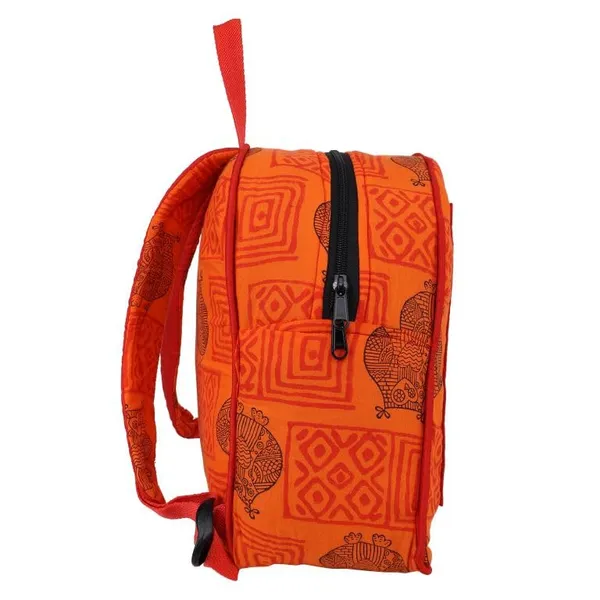 INDHA_Kids_Backpack_Bag_|_Handcrafted_Backpack_Bag_|_Orange_Cotton_Kids_Backpack_Bag_|_Hand_Block_Printed_Owl_And_Geometric_Design_Motif