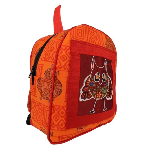 INDHA_Kids_Backpack_Bag_|_Handcrafted_Backpack_Bag_|_Orange_Cotton_Kids_Backpack_Bag_|_Hand_Block_Printed_Owl_And_Geometric_Design_Motif