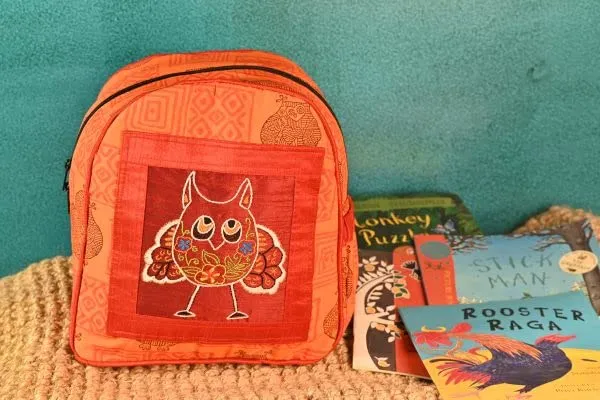 INDHA_Kids_Backpack_Bag_|_Handcrafted_Backpack_Bag_|_Orange_Cotton_Kids_Backpack_Bag_|_Hand_Block_Printed_Owl_And_Geometric_Design_Motif