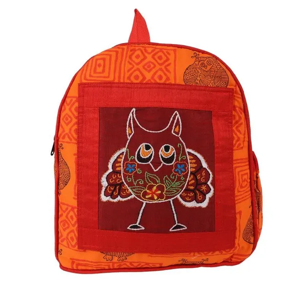 INDHA_Kids_Backpack_Bag_|_Handcrafted_Backpack_Bag_|_Orange_Cotton_Kids_Backpack_Bag_|_Hand_Block_Printed_Owl_And_Geometric_Design_Motif