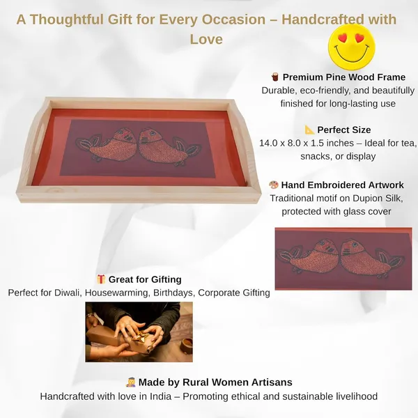 Indha_Handcrafted_Wooden_Serving_Tray_–_14.0_X_8.0_Inch_|_Dual_Fish_Embroidery_on_Dupion_Silk_Under_Glass_|_Pine_Wood_Frame_|_Decorative_Tray_for_Coffee_Table,_Housewarming,_Diwali_Gift