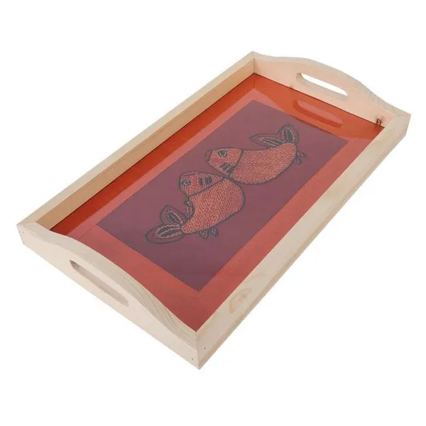 Indha_Handcrafted_Wooden_Serving_Tray_–_14.0_X_8.0_Inch_|_Dual_Fish_Embroidery_on_Dupion_Silk_Under_Glass_|_Pine_Wood_Frame_|_Decorative_Tray_for_Coffee_Table,_Housewarming,_Diwali_Gift