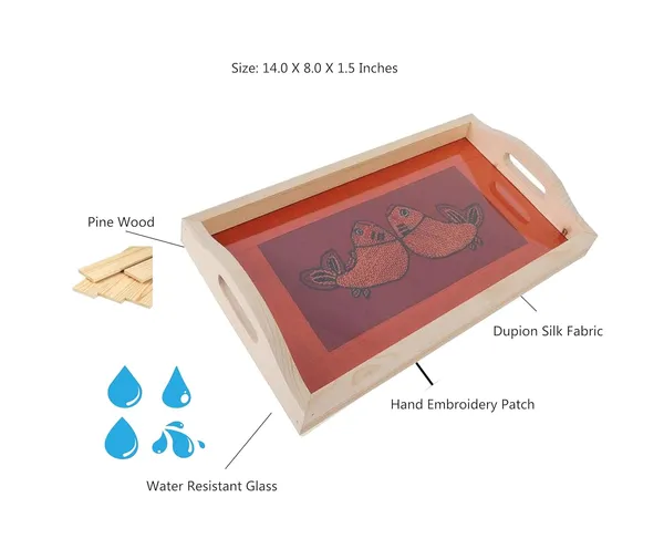 Indha_Handcrafted_Wooden_Serving_Tray_–_14.0_X_8.0_Inch_|_Dual_Fish_Embroidery_on_Dupion_Silk_Under_Glass_|_Pine_Wood_Frame_|_Decorative_Tray_for_Coffee_Table,_Housewarming,_Diwali_Gift