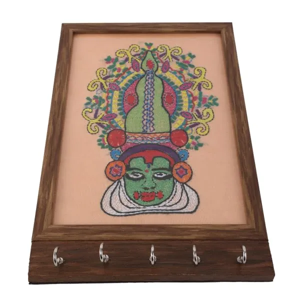 INDHA_Handmade_Wall_Decor_Key_Holder_–_Peach_Hand-Embroidered_Kathakali_Face_Wooden_Key_Hanger_with_Dupion_Silk_&_Vegan_Leather_Back_|_Unique_Wall_Hanging_Organizer_for_Home_&_Office_Gifting