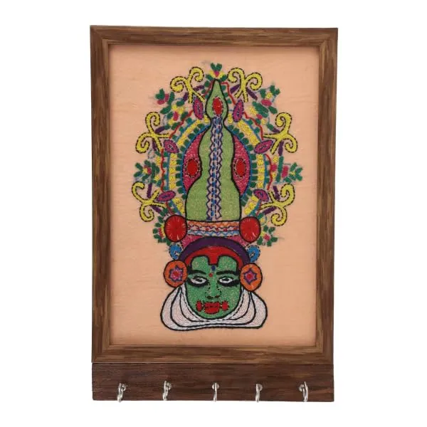 INDHA_Handmade_Wall_Decor_Key_Holder_–_Peach_Hand-Embroidered_Kathakali_Face_Wooden_Key_Hanger_with_Dupion_Silk_&_Vegan_Leather_Back_|_Unique_Wall_Hanging_Organizer_for_Home_&_Office_Gifting