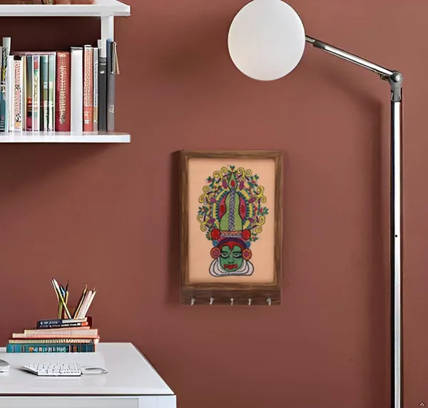 INDHA_Handmade_Wall_Decor_Key_Holder_–_Peach_Hand-Embroidered_Kathakali_Face_Wooden_Key_Hanger_with_Dupion_Silk_&_Vegan_Leather_Back_|_Unique_Wall_Hanging_Organizer_for_Home_&_Office_Gifting