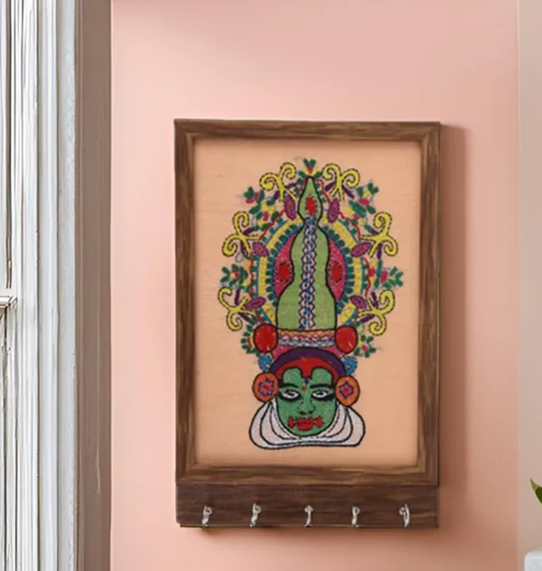 INDHA_Handmade_Wall_Decor_Key_Holder_–_Peach_Hand-Embroidered_Kathakali_Face_Wooden_Key_Hanger_with_Dupion_Silk_&_Vegan_Leather_Back_|_Unique_Wall_Hanging_Organizer_for_Home_&_Office_Gifting