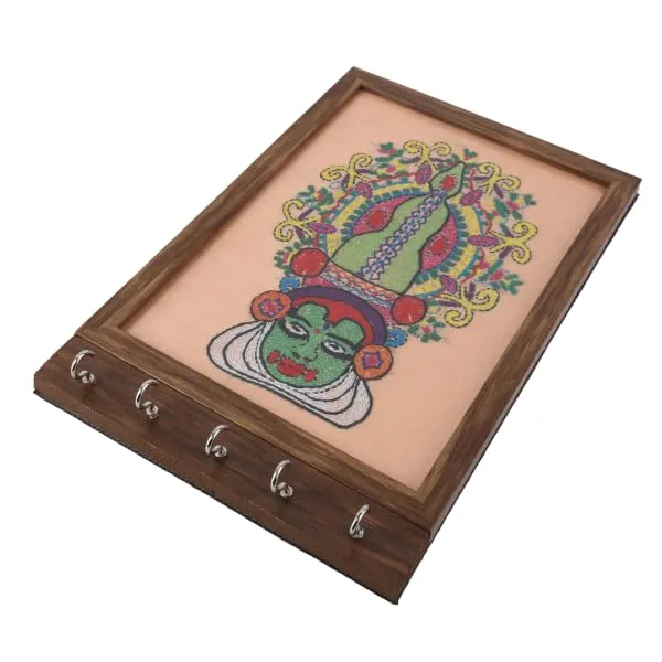 INDHA_Handmade_Wall_Decor_Key_Holder_–_Peach_Hand-Embroidered_Kathakali_Face_Wooden_Key_Hanger_with_Dupion_Silk_&_Vegan_Leather_Back_|_Unique_Wall_Hanging_Organizer_for_Home_&_Office_Gifting