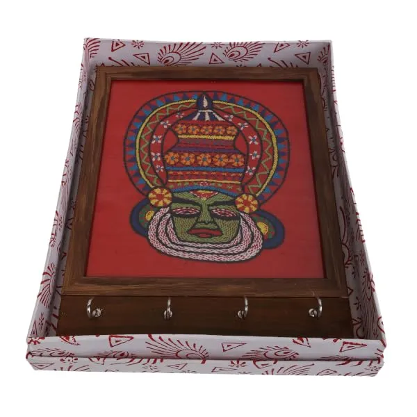 INDHA_Handmade_Wall_Decor_Key_Holder_–_Red_Hand-Embroidered_Kathakali_Face_Wooden_Key_Hanger_with_Dupion_Silk_&_Vegan_Leather_Back_|_Unique_Wall_Hanging_Organizer_for_Home_&_Office_Gifting