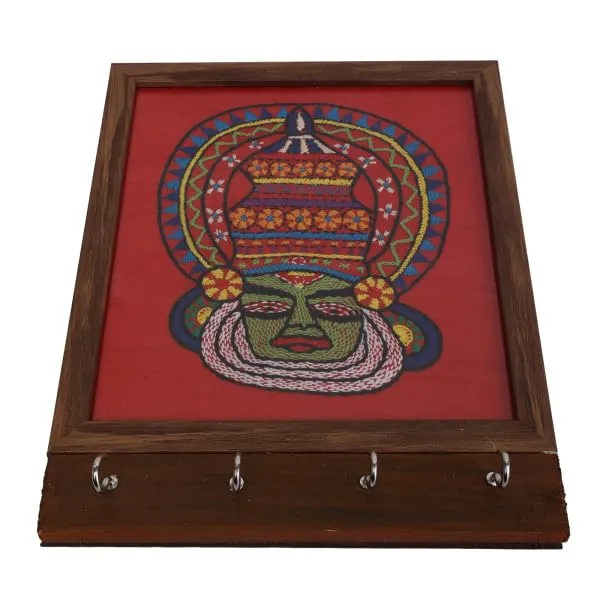 INDHA_Handmade_Wall_Decor_Key_Holder_–_Red_Hand-Embroidered_Kathakali_Face_Wooden_Key_Hanger_with_Dupion_Silk_&_Vegan_Leather_Back_|_Unique_Wall_Hanging_Organizer_for_Home_&_Office_Gifting