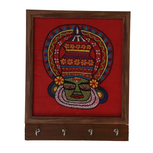 INDHA_Handmade_Wall_Decor_Key_Holder_–_Red_Hand-Embroidered_Kathakali_Face_Wooden_Key_Hanger_with_Dupion_Silk_&_Vegan_Leather_Back_|_Unique_Wall_Hanging_Organizer_for_Home_&_Office_Gifting