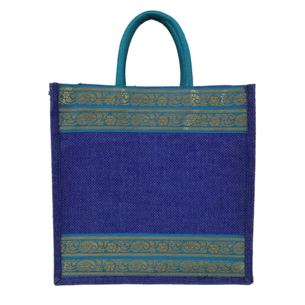 INDHA_Jute_Handbag_Blue_With_Sky_Blue_Lace_Border_|_Jute_Gift_Bags_|_Jute_Lunch_Bag_|_Jute_Tiffin_Bag