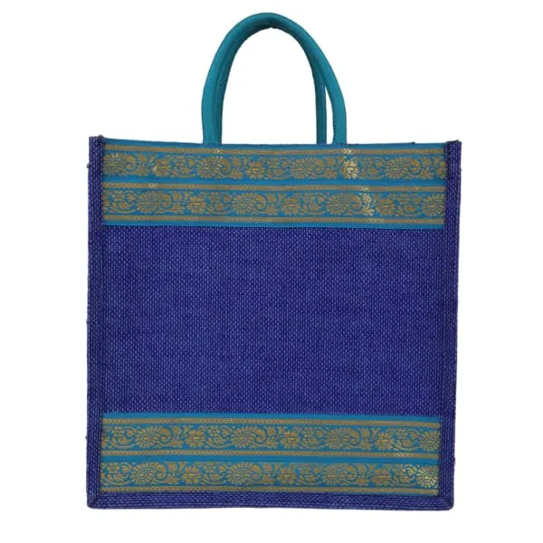 INDHA_Jute_Handbag_Blue_With_Sky_Blue_Lace_Border_|_Jute_Gift_Bags_|_Jute_Lunch_Bag_|_Jute_Tiffin_Bag