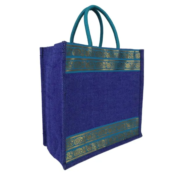 INDHA_Jute_Handbag_Blue_With_Sky_Blue_Lace_Border_|_Jute_Gift_Bags_|_Jute_Lunch_Bag_|_Jute_Tiffin_Bag