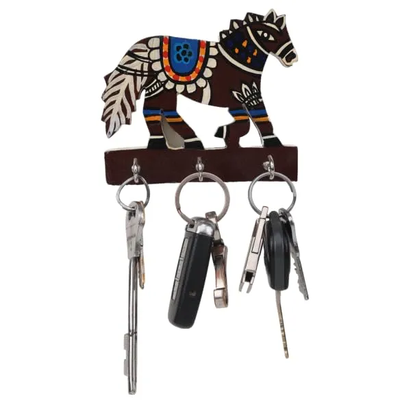 INDHA_Hand_Painted_Horse_Design_Key_Holder_|_Multicolor_Wall_Key_Organizer_|_Eco-Friendly_Reprocessed_Wood_|_Handmade_&_Handcrafted_|_Decorative_&_Gift-Worthy_Key_Hanger_for_Home_&_Office