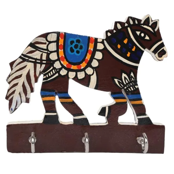 INDHA_Hand_Painted_Horse_Design_Key_Holder_|_Multicolor_Wall_Key_Organizer_|_Eco-Friendly_Reprocessed_Wood_|_Handmade_&_Handcrafted_|_Decorative_&_Gift-Worthy_Key_Hanger_for_Home_&_Office