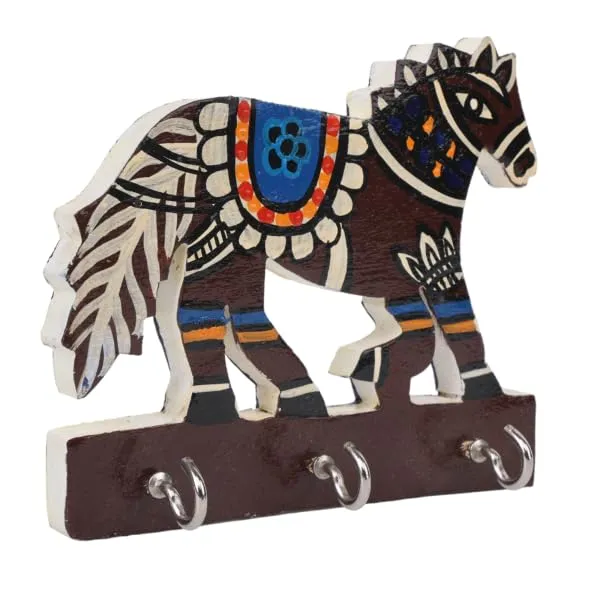 INDHA_Hand_Painted_Horse_Design_Key_Holder_|_Multicolor_Wall_Key_Organizer_|_Eco-Friendly_Reprocessed_Wood_|_Handmade_&_Handcrafted_|_Decorative_&_Gift-Worthy_Key_Hanger_for_Home_&_Office