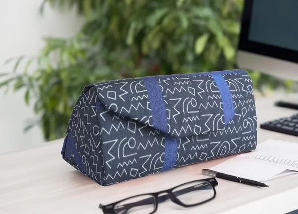 INDHA_Eyewear_Case_|_Handcrafted_Eyewear_Case_|_Steel_Grey_Dupion_Silk_Eyewear_Case_|_White_And_Blue_Abstract_Line_Pattern_Design_Digitally_Printed