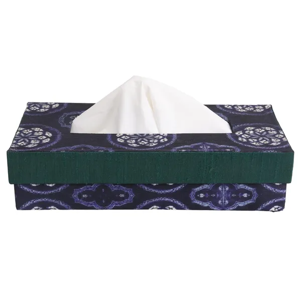 Indha_Tissue_Box_|_Handcrafted_Tissue_Box_Blue_&_Green_|_Navy_Blue_and_Green_Dupion_Silk_Tissue_Box_|_White_Floral_Mandala_Design_Motif_Digitally_Printed