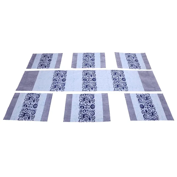 Indha_Block_Printed_Cotton_Dining_Table_Runner_&_Mats_Set_(6_Pieces)_|_Traditional_Design_Table_Mat_Set_for_Corporate_and_Personal_Gifting_(White_&_Blue-TMRBFBPS6)