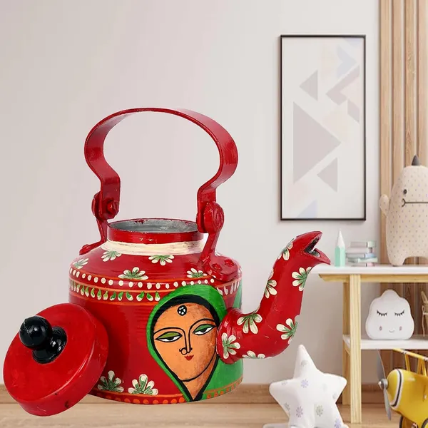 Indha_Hand-Painted_Aluminium_Decorative_Kettle_|_Motherhood_Theme_|_Red_Ethnic_Art_|_Handmade_Table_Accent_|_Tea/Coffee_Server_|_Gifting_&_Home_Decor_|_1_Litre