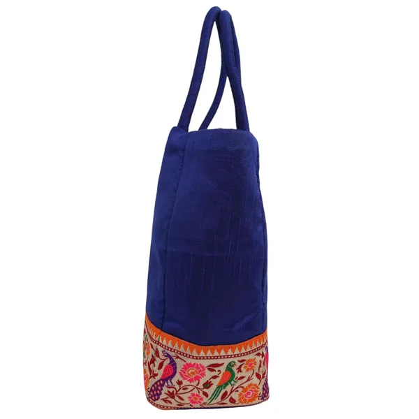Indha_Blue_Dupion_Silk_Handbag_with_Hand-Embroidered_Lace_Patch_–_Elegant_and_Versatile_Small_Bag_for_Gifting_&_Daily_Use
