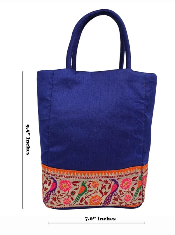 Indha_Blue_Dupion_Silk_Handbag_with_Hand-Embroidered_Lace_Patch_–_Elegant_and_Versatile_Small_Bag_for_Gifting_&_Daily_Use