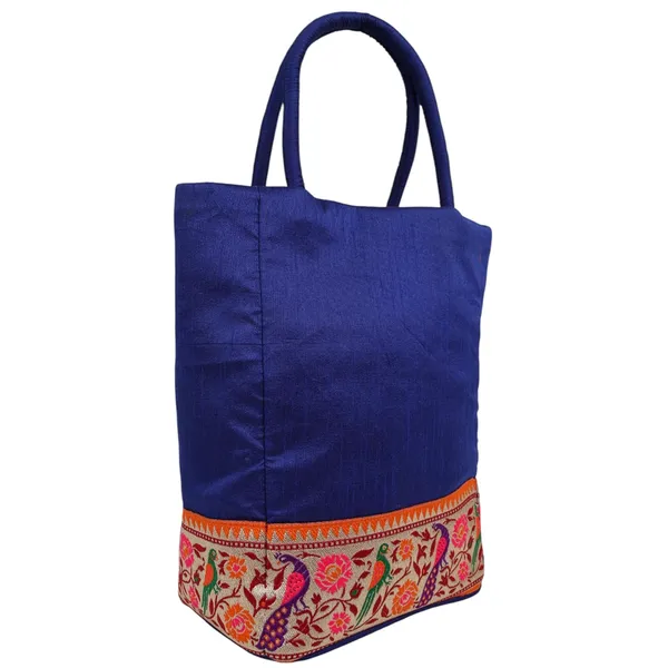 Indha_Blue_Dupion_Silk_Handbag_with_Hand-Embroidered_Lace_Patch_–_Elegant_and_Versatile_Small_Bag_for_Gifting_&_Daily_Use