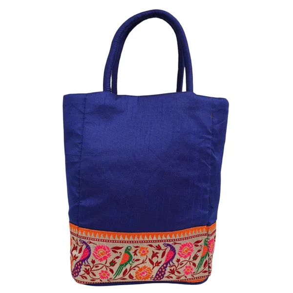 Indha_Blue_Dupion_Silk_Handbag_with_Hand-Embroidered_Lace_Patch_–_Elegant_and_Versatile_Small_Bag_for_Gifting_&_Daily_Use