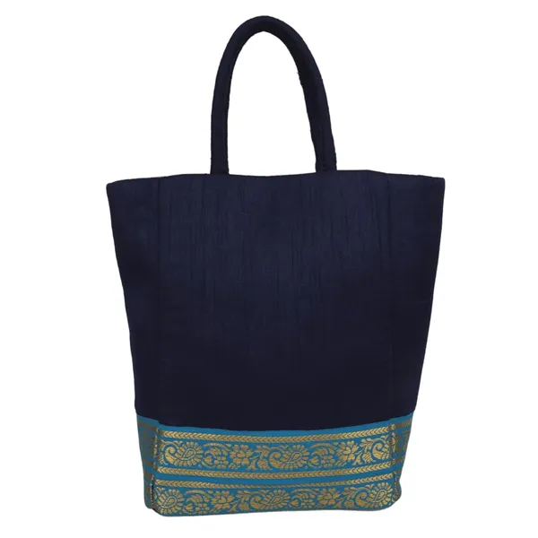 Indha_Navy_Blue_Dupion_Silk_Lunch_Bag_with_Golden_Brocade_Border_|_Handcrafted_Small_Tote_for_Gifting_&_Daily_Essentials_|_Eco-Friendly_Gift_Bag_for_Women_(SB507NBCLW)
