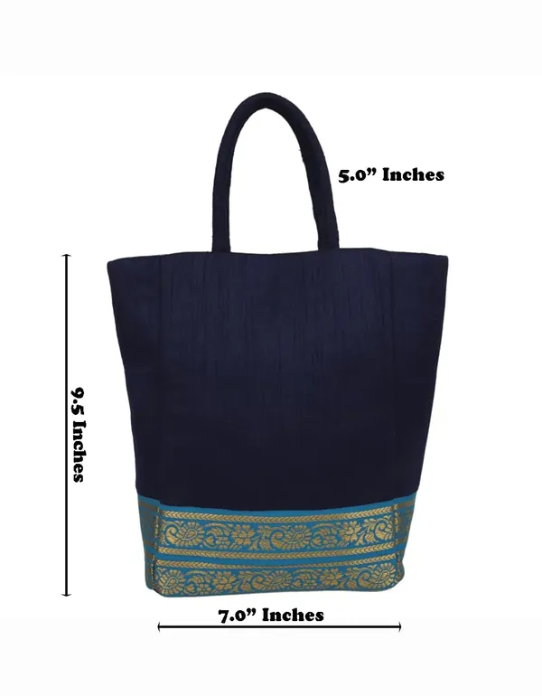 Indha_Navy_Blue_Dupion_Silk_Lunch_Bag_with_Golden_Brocade_Border_|_Handcrafted_Small_Tote_for_Gifting_&_Daily_Essentials_|_Eco-Friendly_Gift_Bag_for_Women_(SB507NBCLW)