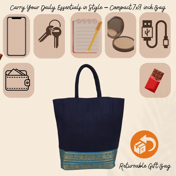 Indha_Navy_Blue_Dupion_Silk_Lunch_Bag_with_Golden_Brocade_Border_|_Handcrafted_Small_Tote_for_Gifting_&_Daily_Essentials_|_Eco-Friendly_Gift_Bag_for_Women_(SB507NBCLW)