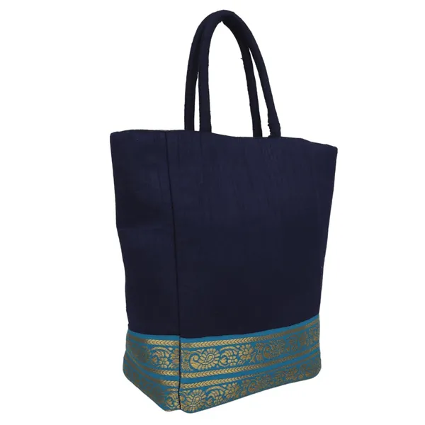 Indha_Navy_Blue_Dupion_Silk_Lunch_Bag_with_Golden_Brocade_Border_|_Handcrafted_Small_Tote_for_Gifting_&_Daily_Essentials_|_Eco-Friendly_Gift_Bag_for_Women_(SB507NBCLW)