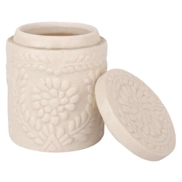 INDHA_Ceramic_Handmade_Pickle_Jar_|_Floral_Embossed_Achaar_Martban_|_Kitchen_Storage_Container_for_Achar,_Spices,_Salt_|_Pottery_Jar_(Off_White-4910)