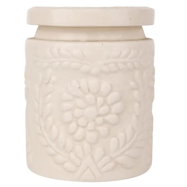 INDHA_Ceramic_Handmade_Pickle_Jar_|_Floral_Embossed_Achaar_Martban_|_Kitchen_Storage_Container_for_Achar,_Spices,_Salt_|_Pottery_Jar_(Off_White-4910)