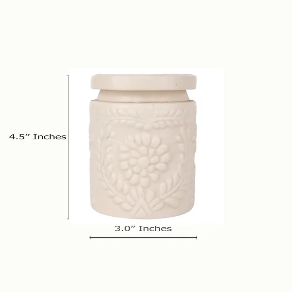 INDHA_Ceramic_Handmade_Pickle_Jar_|_Floral_Embossed_Achaar_Martban_|_Kitchen_Storage_Container_for_Achar,_Spices,_Salt_|_Pottery_Jar_(Off_White-4910)
