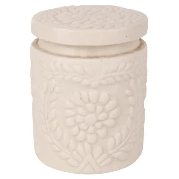 INDHA_Ceramic_Handmade_Pickle_Jar_|_Floral_Embossed_Achaar_Martban_|_Kitchen_Storage_Container_for_Achar,_Spices,_Salt_|_Pottery_Jar_(Off_White-4910)